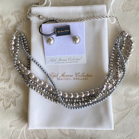Multi Strand Grey Faux Pearl Necklace & Earrings Set - Picture 5 of 6